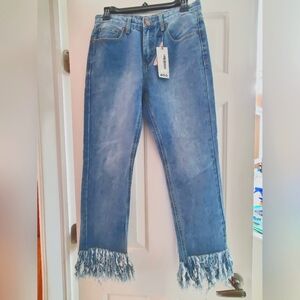 Boohoo Blue fringe hem mid rise boyfriend jeans size 4 boho hippie grunge